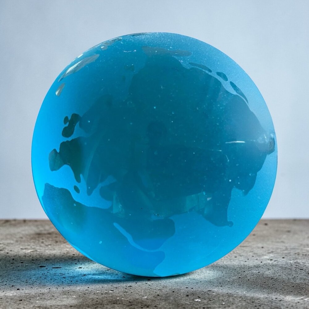 Vintage Blue Glass World Globe Paperweight Art Frosted Glass
